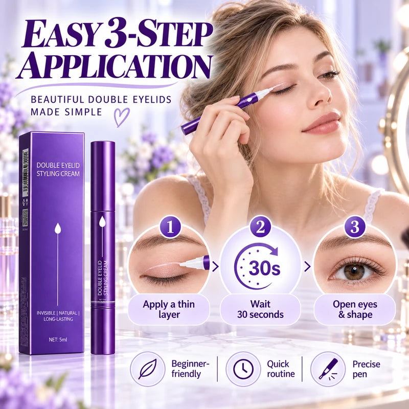 Illustrated three-step process: apply a thin layer, wait around thirty seconds, open and shape