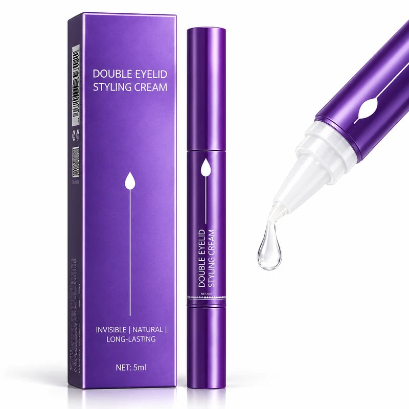 Purple double eyelid styling cream pen with its retail box on a white background
